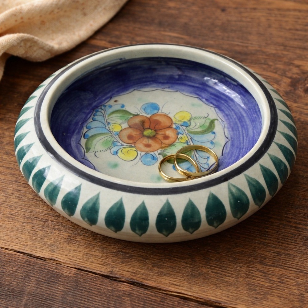 Vintage Tonala Mexican Folk Art Floral Pottery Bowl Hand Painted Trinket Dish